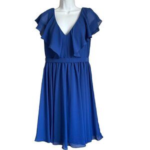 Blue V-Neck Ruffle Sleeve Dress